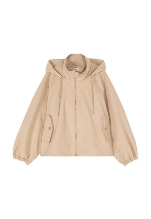 Giacca beige con cappuccio, zip frontale completa, cappuccio con coulisse, due tasche a patta con bottoni e polsini elasticizzati sulle maniche lunghe.