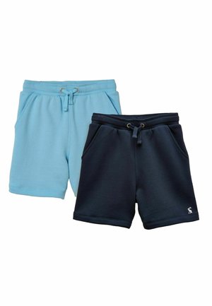 Two pairs of cotton drawstring shorts, one light blue and one navy blue with side pockets and ribbed elastic waistbands.
