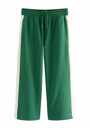 Green sweatpants with an elastic waistband, drawstring, and side pockets. Features contrasting white stripes along the sides.