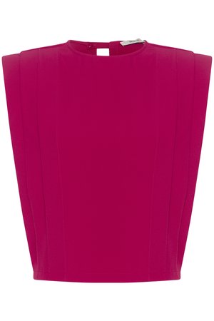 Top fúcsia feito de tecido suave, com ombros estruturados, gola alta e fecho nas costas com botão, apresentando detalhes de costura vertical.