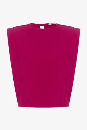 Fuchsiový top z hladké látky, s vystouplými rameny, vysokým výstřihem a zapínáním na knoflíky na zadní straně, s vertikálními švy.
