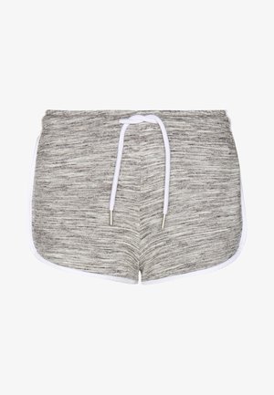 Szare melanżowe spodenki ze sznurkiem w kolorze białym, wyposażone w elastyczny pas i białe wykończenie po bokach. Miękka faktura materiału, swobodny design.