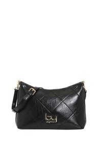 Borsa a tracolla nera trapuntata in materiale sintetico lucido, con logo dorato, chiusura a zip e tracolla regolabile.