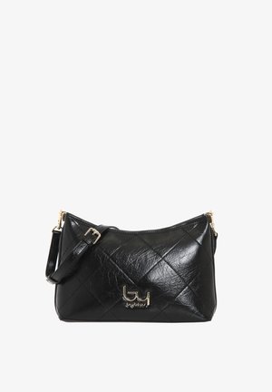 Schwarze, gequiltete Handtasche aus glänzendem Kunstmaterial, mit goldfarbenem Logo, Reißverschluss und verstellbarem Tragegurt.