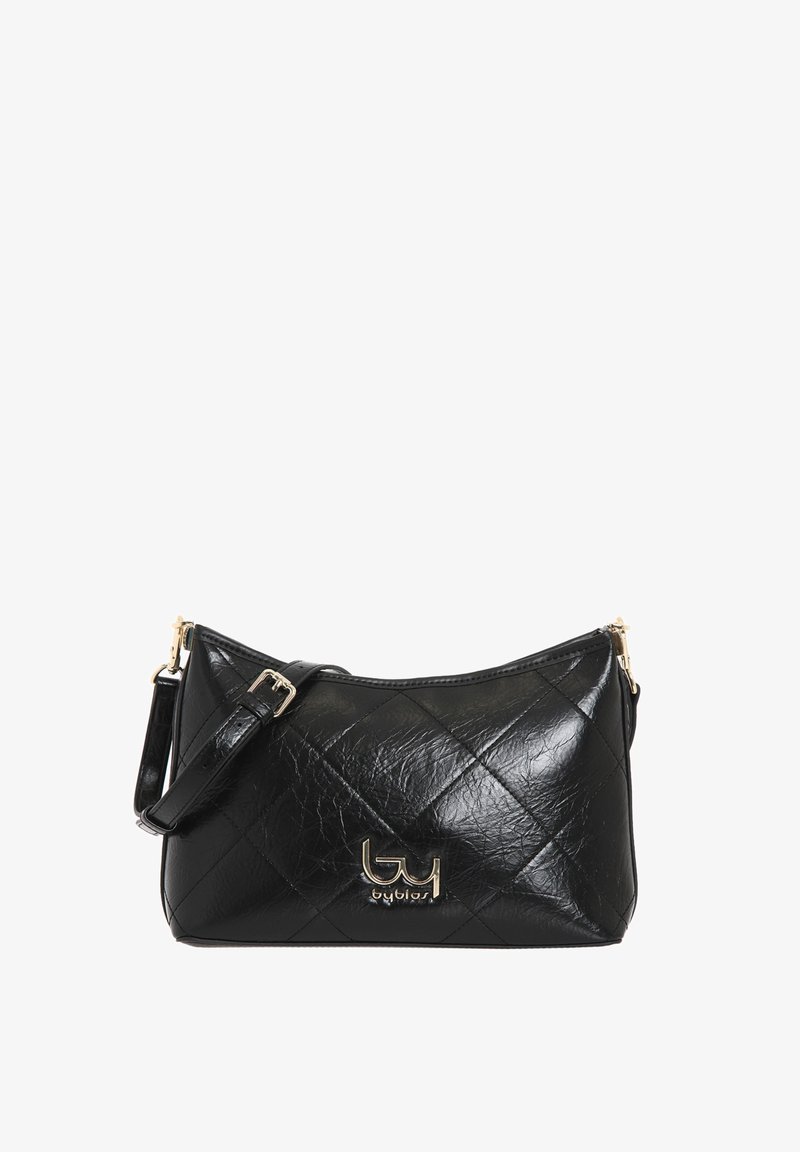 Borsa a tracolla nera trapuntata in materiale sintetico lucido, con logo dorato, chiusura a zip e tracolla regolabile.