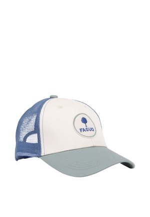 Casquette de baseball blanche et bleu clair avec un dos en mesh bleu et un logo rond avec un arbre et le texte "FAGUO" sur le panneau avant.