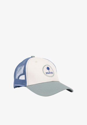 Casquette de baseball blanche et bleu clair avec un dos en mesh bleu et un logo rond avec un arbre et le texte "FAGUO" sur le panneau avant.