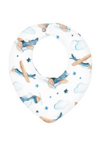 Bomuld bib i dråbeform med et blåt og brunt flymønster på en hvid baggrund, med små skyer og stjerner. Trykknaplukning.