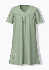 Abito verde a maniche corte con scollatura a V, corpetto arricciato e ricami floreali decorativi lungo l'orlo. Realizzato in un tessuto morbido e leggero.