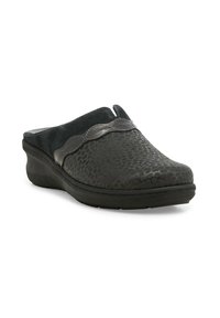 Scarpa slip-on grigio scuro con superficie texturizzata e elementi lisci. Presenta una punta arrotondata e una suola spessa e imbottita per il comfort.