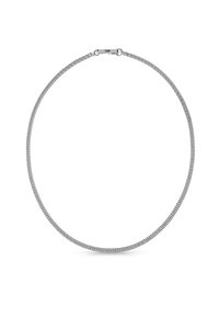 Collana in catena a rete argentata con un design liscio e flessibile. Presenta una chiusura sicura e una finitura metallica lucida.