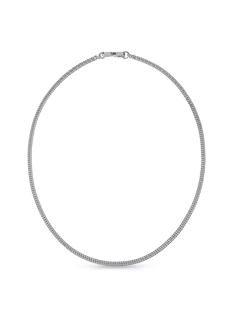 Collana in catena a rete argentata con un design liscio e flessibile. Presenta una chiusura sicura e una finitura metallica lucida.