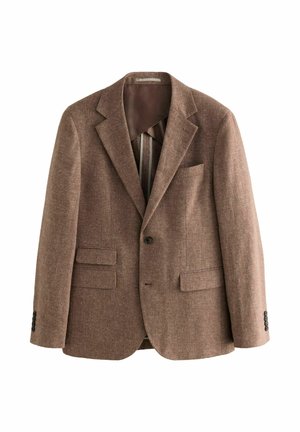Brown tweed blazer with notch lapels, two front pockets, single button closure, and textured fabric. Smooth brown lining visible.