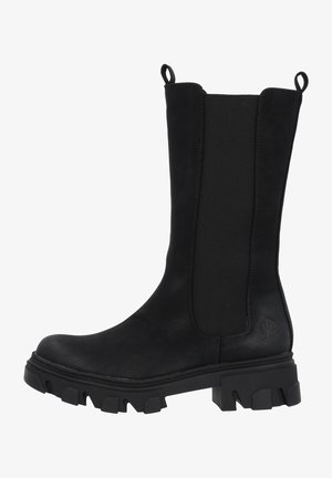 Black ankle boot with elastic side panels, rounded toe, textured leather upper, and chunky rubber sole with tread detailing.