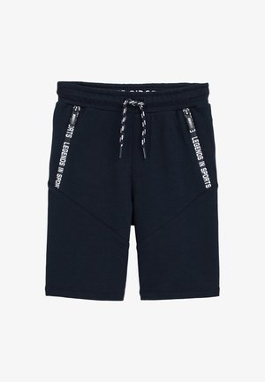 Mornarsko modri šortsi iz mešanice bombaža, s stranskimi zadrgami, nastavljivim vrvico in dekorativnim besedilom na stegnu.