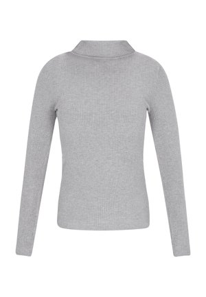 Gray ribbed long-sleeve pullover sweater with a high collar. Features a fitted design and smooth texture throughout.