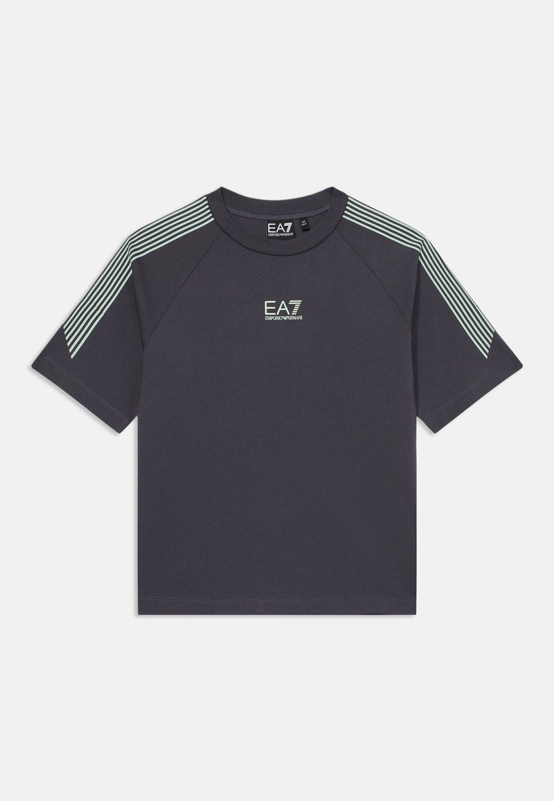 Dark gray short-sleeve t-shirt with raglan sleeves. Features mint green stripes on shoulders and EA7 logo on the chest. Smooth fabric texture.
