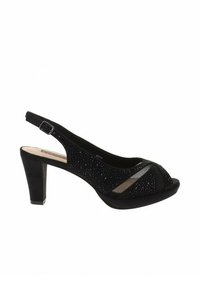 Tacchi slingback neri con apertura a punta, caratterizzati da un upper in tessuto testurizzato con dettagli in strass, un tacco basso e una cintura regolabile con fibbia.