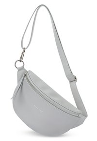Marsupio in pelle grigia con silhouette curvata, chiusura superiore con zip e tracolla regolabile con clip metallica e dettaglio del logo.
