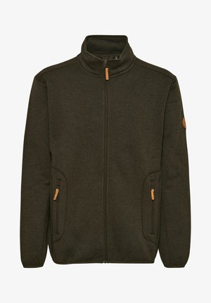 Sötétzöld, cipzáras fleece dzseki, álló gallérral, két elülső zsebbel, világosbarna cipzárral, és logós folttal a bal ujján.