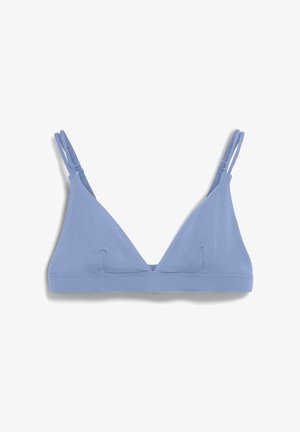 Soutien-gorge triangle bleu clair en tissu doux, avec des bretelles réglables et des coutures minimales pour le confort. Texture lisse sans embellissements.