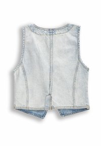 Niebieska denimowa krótka kamizelka, bez podszewki, z bezrękawowym krojem i surowym wykończeniem. Posiada proste szwy na plecach i minimalne detale szycia.
