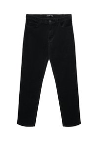 Pantaloni in velluto a coste neri con design a gamba dritta, dotati di tasche frontali e chiusura con bottone. Tessuto testurizzato con fine coste.
