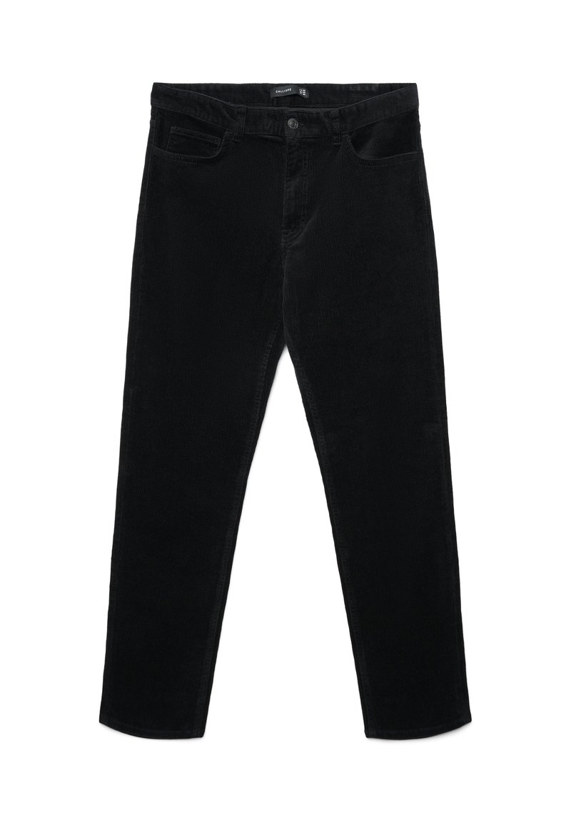 Pantaloni in velluto a coste neri con design a gamba dritta, dotati di tasche frontali e chiusura con bottone. Tessuto testurizzato con fine coste.