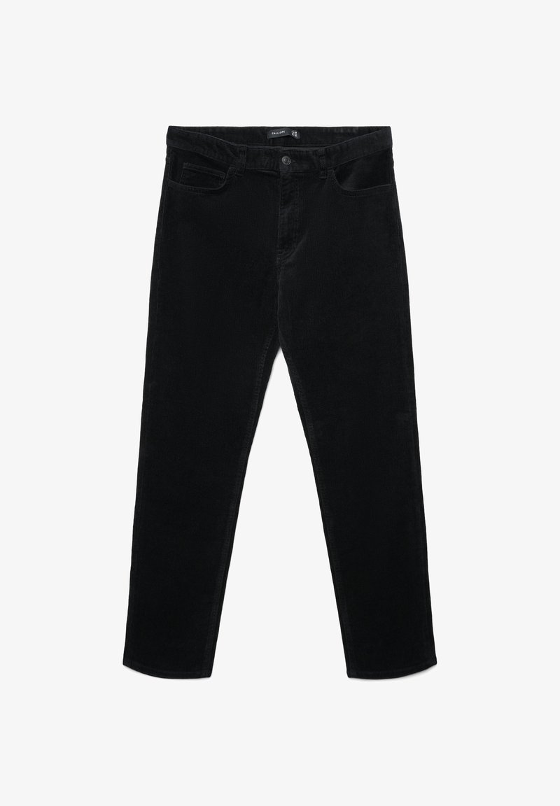 Pantaloni in velluto a coste neri con design a gamba dritta, dotati di tasche frontali e chiusura con bottone. Tessuto testurizzato con fine coste.