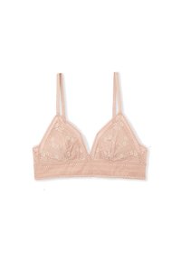 Spitzen-Bralette in sanftem Rosa mit Dreiecksschalen, verstellbaren Trägern, Blumenmuster, gewellten Kanten und einem glatten Spitzenband.