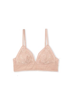 Bralette in pizzo rosa tenue con coppe a triangolo, spalline regolabili, motivo floreale, bordi smerlati e fascia in pizzo morbido.