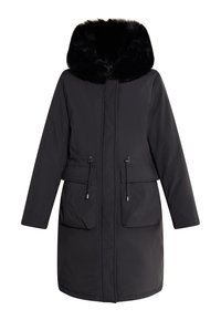 Parka nera con cappuccio foderato in pelliccia sintetica, vita con cordino, due tasche frontali e maniche lunghe, realizzata in un tessuto liscio e resistente alle intemperie.
