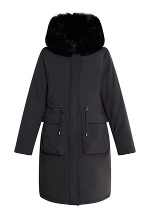 Schwarze Parka-Jacke mit einer Kapuze aus Kunstfell, verstellbarem Taillenzug, zwei Vorderaschen und langen Ärmeln, aus einem glatten, wetterbeständigen Material.