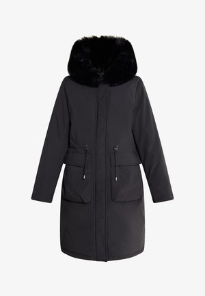 Mustamärjad parkad, millel on kunstkarusnahast vooderdatud kapuuts, paelatega vöökoht, kaks eesmist taskut ja pikad varrukad, valmistatud sileda, ilmastikukindla kanga segust.