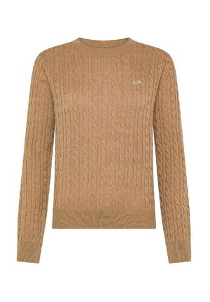 Maglione a maniche lunghe color marrone cammello in punto treccia, con colletto a giro e piccolo logo ricamato in bianco sul lato sinistro del petto.