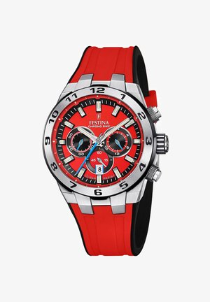 Montre Festina Chrono Bike avec un bracelet en caoutchouc rouge, un boîtier en acier inoxydable argenté, un cadran noir et rouge, et deux sous-cadrans. Résistante à l'eau jusqu'à 10 bars.