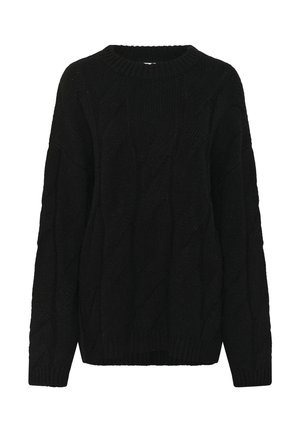 Black chunky knit sweater with cable patterns, long sleeves, and ribbed crew neckline and cuffs, shown on a white background.
