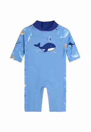 Mute con maniche corte di colore blu con stampa di balena, dotato di colletto blu a contrasto. Realizzato in materiale elastico per garantire comfort e facilità nei movimenti.