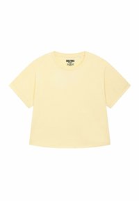 Light yellow, short-sleeved, crew-neck t-shirt with a relaxed fit, featuring a tag that reads "MIRA PARIS" inside the neckline.