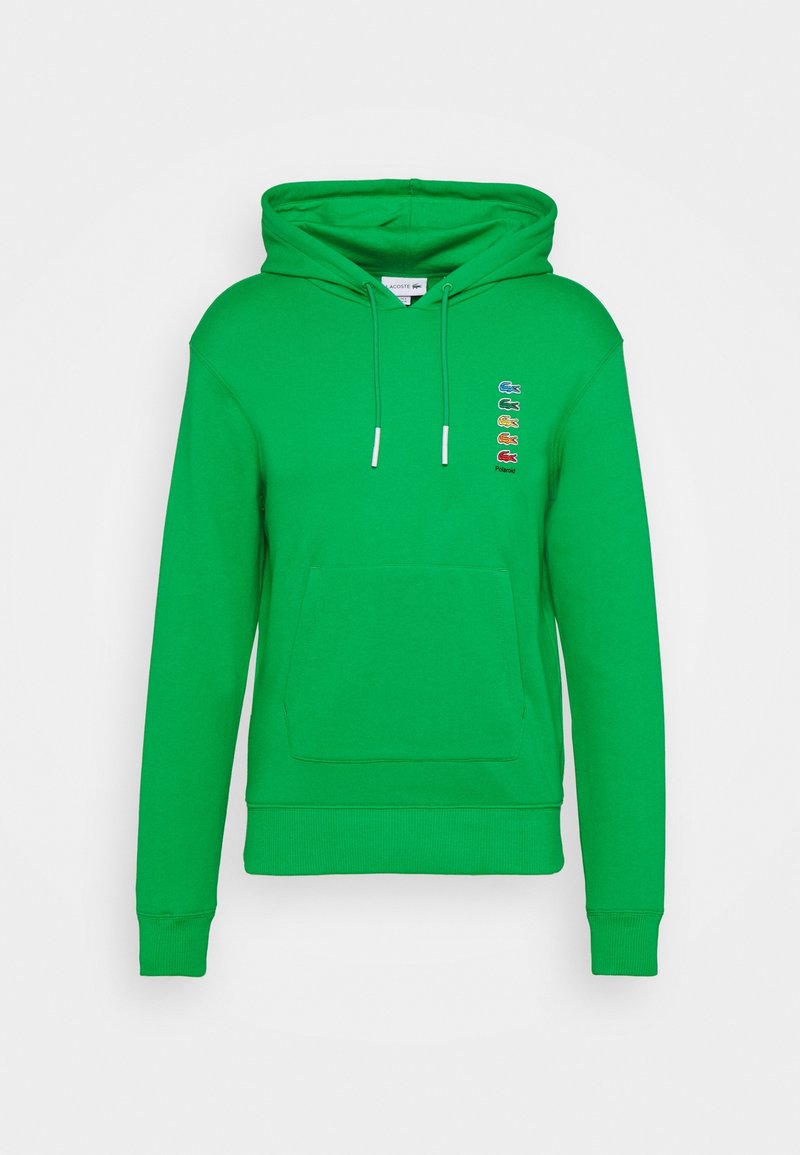 Sweat à capuche vert vif avec poche avant, cordons et logos multicolores de crocodile avec le texte « Polaroid » sur la poitrine.