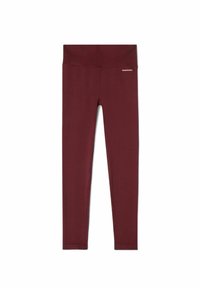 Bordeaux rib leggings met een brede tailleband, voorzien van een gestructureerde stof en een klein merkje op de heup voor extra detail.