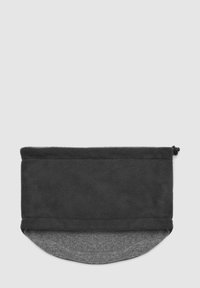 Gaiter colloid in morbido pile nero e grigio con regolatore sul bordo superiore, progettato per calore e copertura del viso.