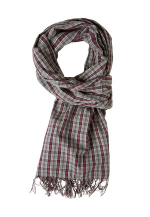 Checked scarf in gray, red, and white. Made of soft fabric with frayed edges. Features a lightweight, draped design suitable for layering.