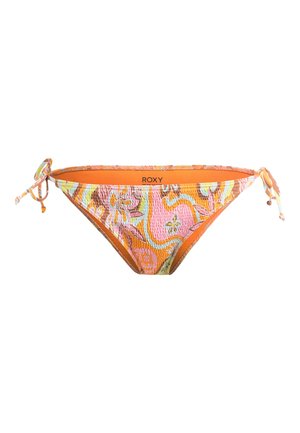 Bikini bottom in oranje met bloemenpatronen in roze en geel. Heeft een gerimpelde textuur en strikjes aan de zijkanten voor een verstelbare pasvorm.