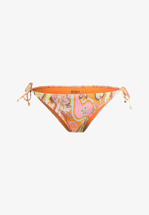 Bikini bottom in oranje met bloemenpatronen in roze en geel. Heeft een gerimpelde textuur en strikjes aan de zijkanten voor een verstelbare pasvorm.