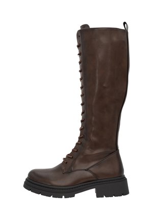 Brune læder knæhøje støvler med rund tå, snørebånd foran og tyk sort gummisål. Har en løkke for nemt at tage dem på.