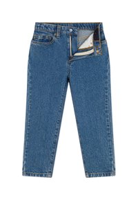 Jeans in denim con una lavaggio blu chiaro, caratterizzati da un taglio dritto, cuciture gialle a contrasto, tasche frontali e chiusura con zip e bottone.