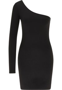 Černé šaty na jedno rameno vyrobené z hladkého materiálu, těsně přiléhající střih, krátká délka a dlouhý rukáv na jedné straně bez viditelných vzorů nebo akcentů.