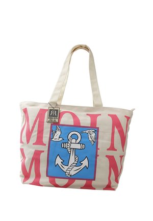 Sac fourre-tout en toile avec fond crème, grandes lettres roses et un carré bleu comportant une ancre et deux mouettes en vol.