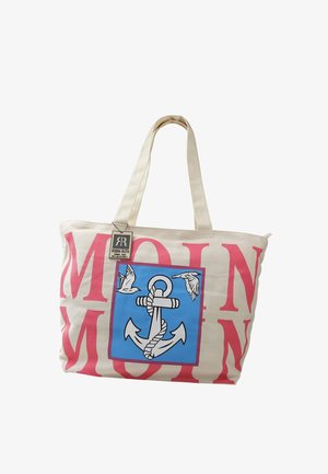 Canvas draagtasje met crème achtergrond, grote roze letters en een blauw vierkant met een anker en twee vliegende meeuwen.